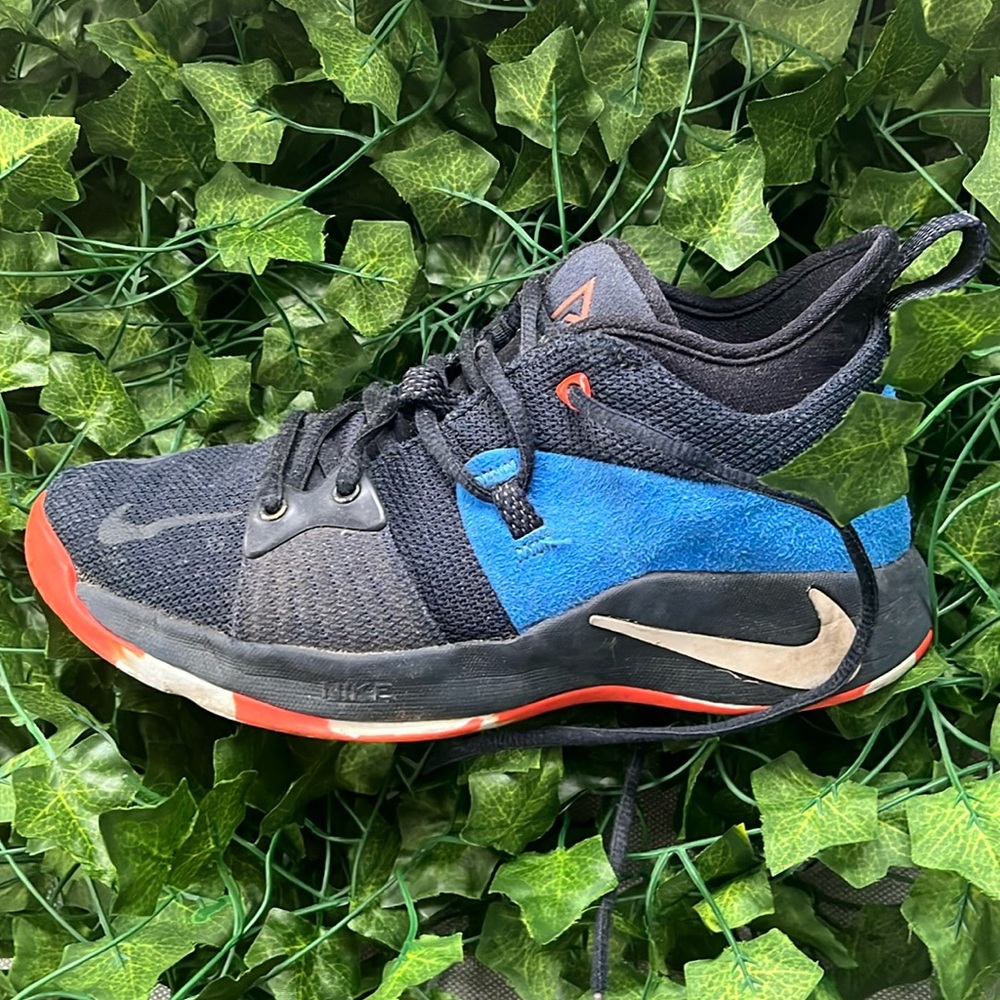 blue and black and orange shoes
